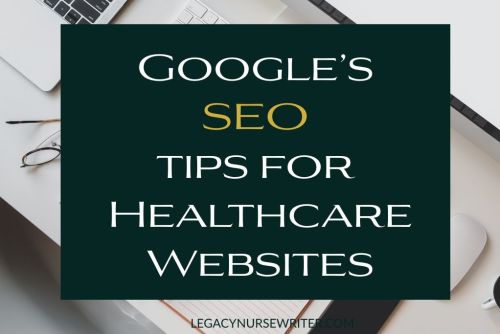 Green box with the text ‘Google’s SEO Tips for Healthcare Websites’ over a desk with a keyboard, notepad, phone